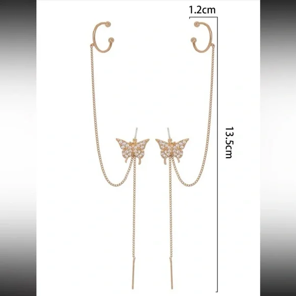 2pcs Cubic Zirconia Butterfly Decor Chain Linked Earring Yellow Gold Jewelry - Picture 3 of 6